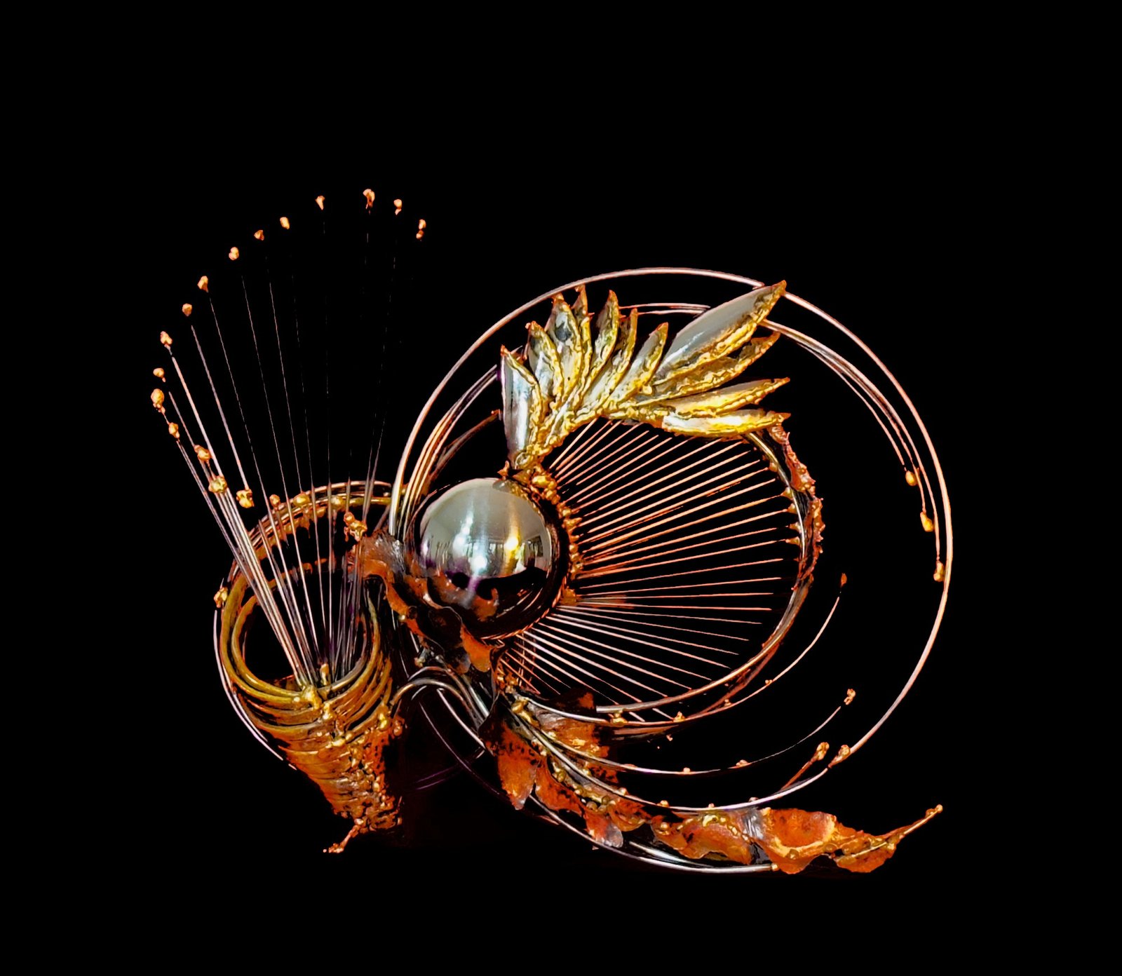 Susurrus: a steel sphere embraced by a fan of steel rods and copper leaves