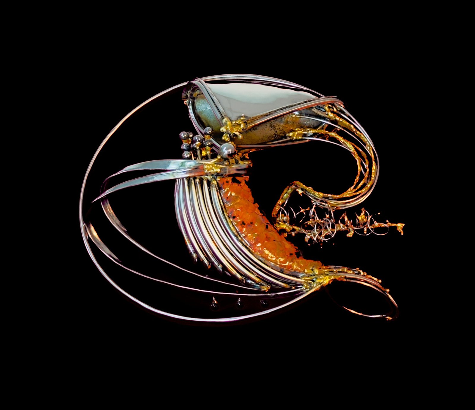Nasusvia: a scaled copper horn in sweeping brass rings with curling wires